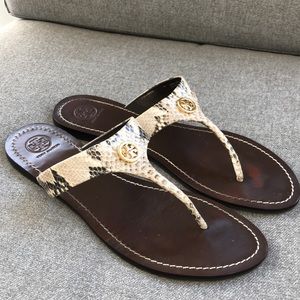 TORY BURCH ‘Cameron’ Python Print Leather Thong Sandals